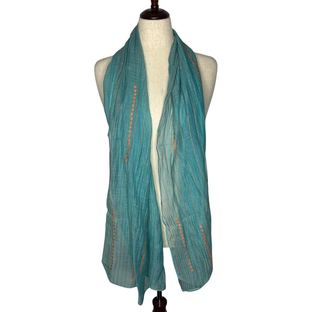Neeru Kumar PAVO SF Scarf Teal Artisan Silk Cotton 72" Kantha Embroidered Wrap